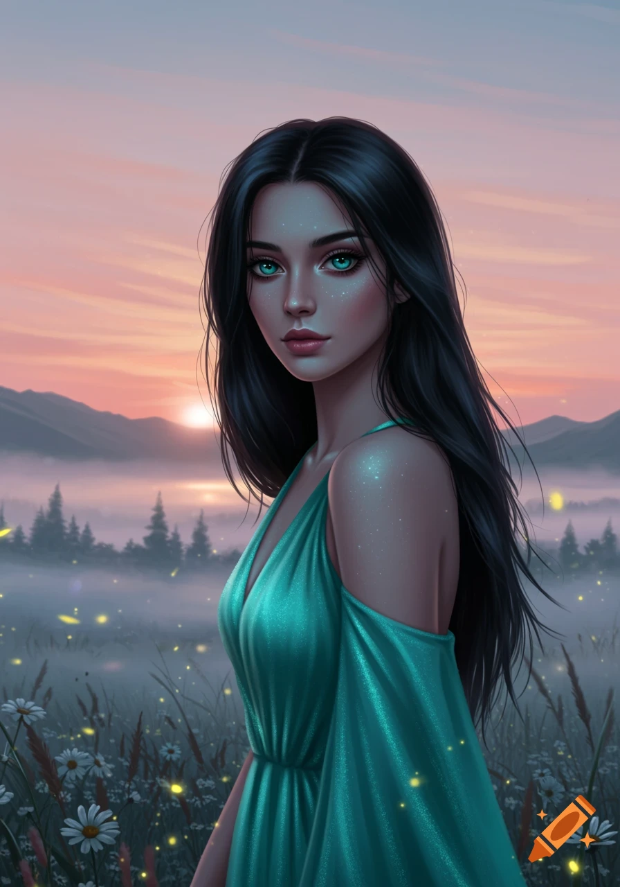 Digital painting of a woman with dark hair and glowing green eyes in a teal dress, standing in a misty field at sunset with glowing particles.
