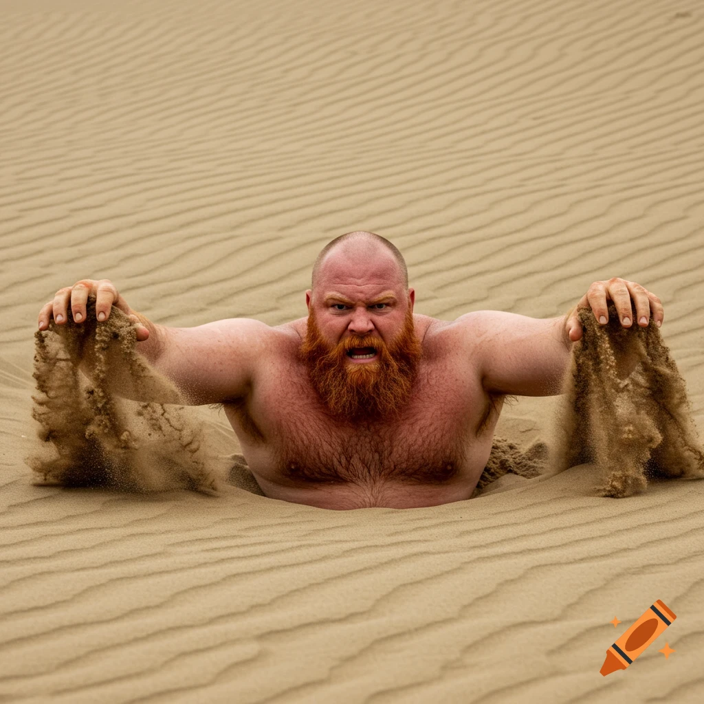A shirtless, red-bearded man with a fierce expression struggles to emerge from deep sand dunes, sand spilling from his hands.