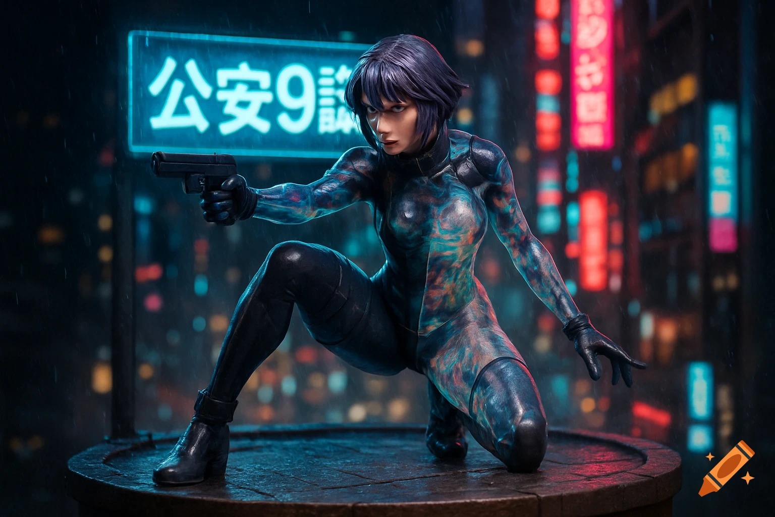 A hyper-detailed collector's diorama of Motoko Kusanagi from Ghost in the Shell, crouching in a dynamic pose with a gun. She wears a form-fitting suit with partially activated thermoptic camouflage, against a neon-lit cyberpunk cityscape with rain.