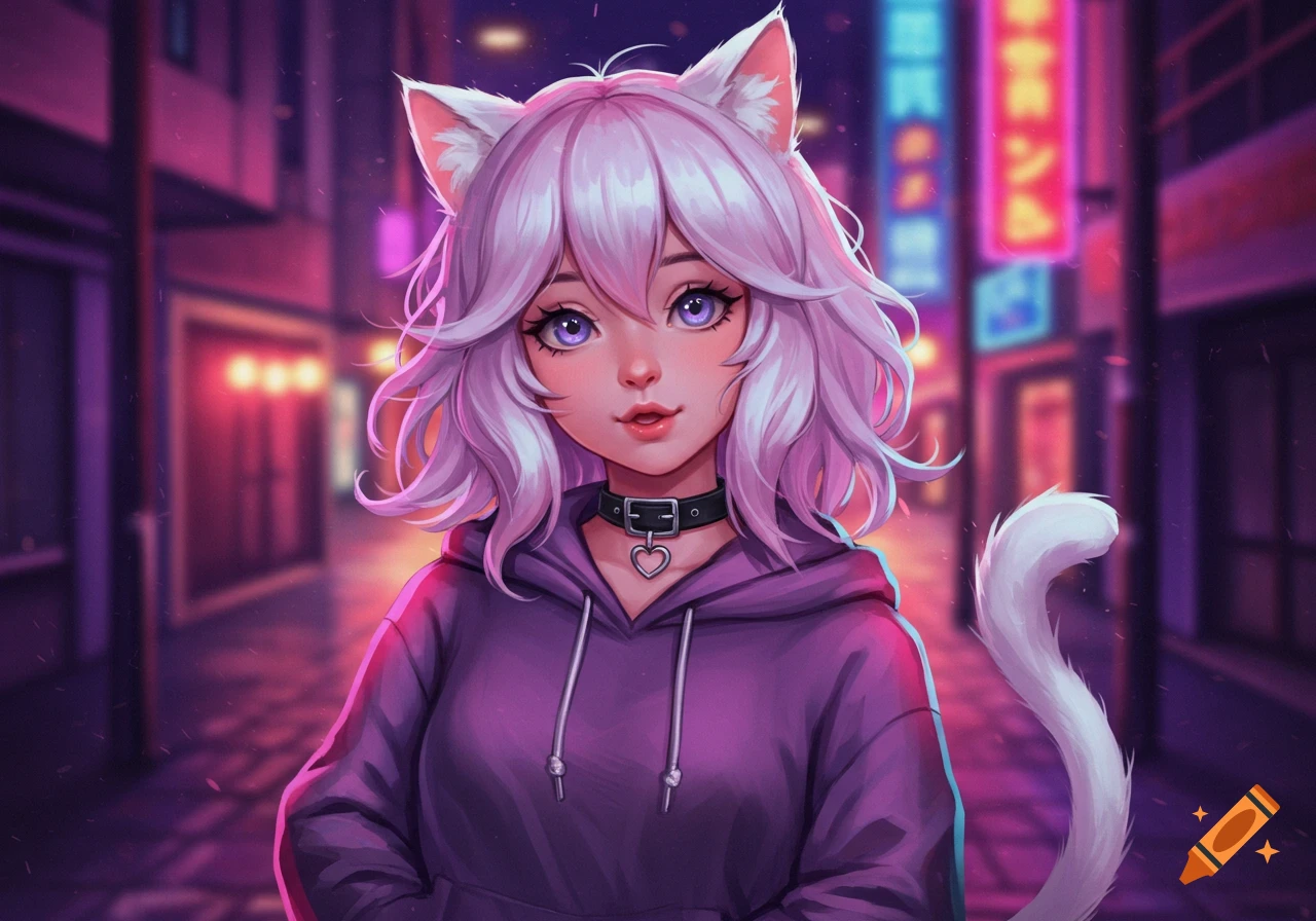Anime girl with purple hair, white cat ears and tail, wearing a purple hoodie and a heart-shaped choker, standing on a neon-lit city street.