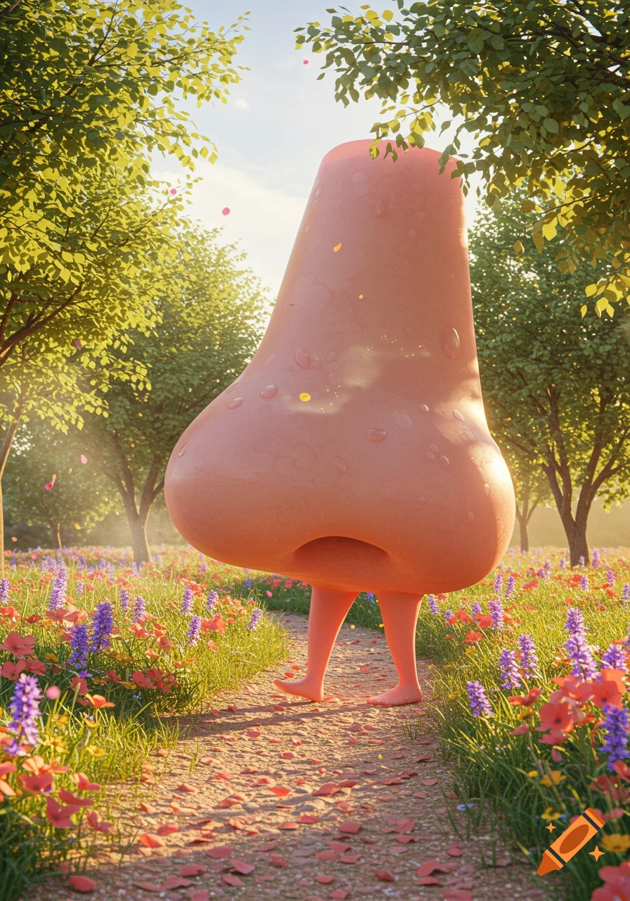 A large, pink, anthropomorphic nose with legs walks on a dirt path through a sunlit field of wildflowers and trees, photorealistic style.