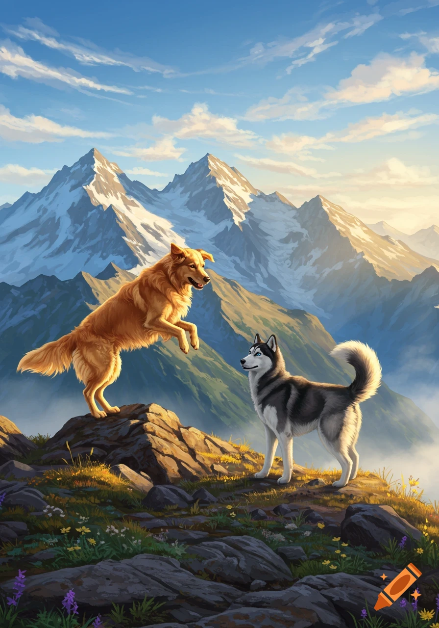 A golden retriever jumps on a rock next to a husky in a vibrant mountain landscape under a blue sky.