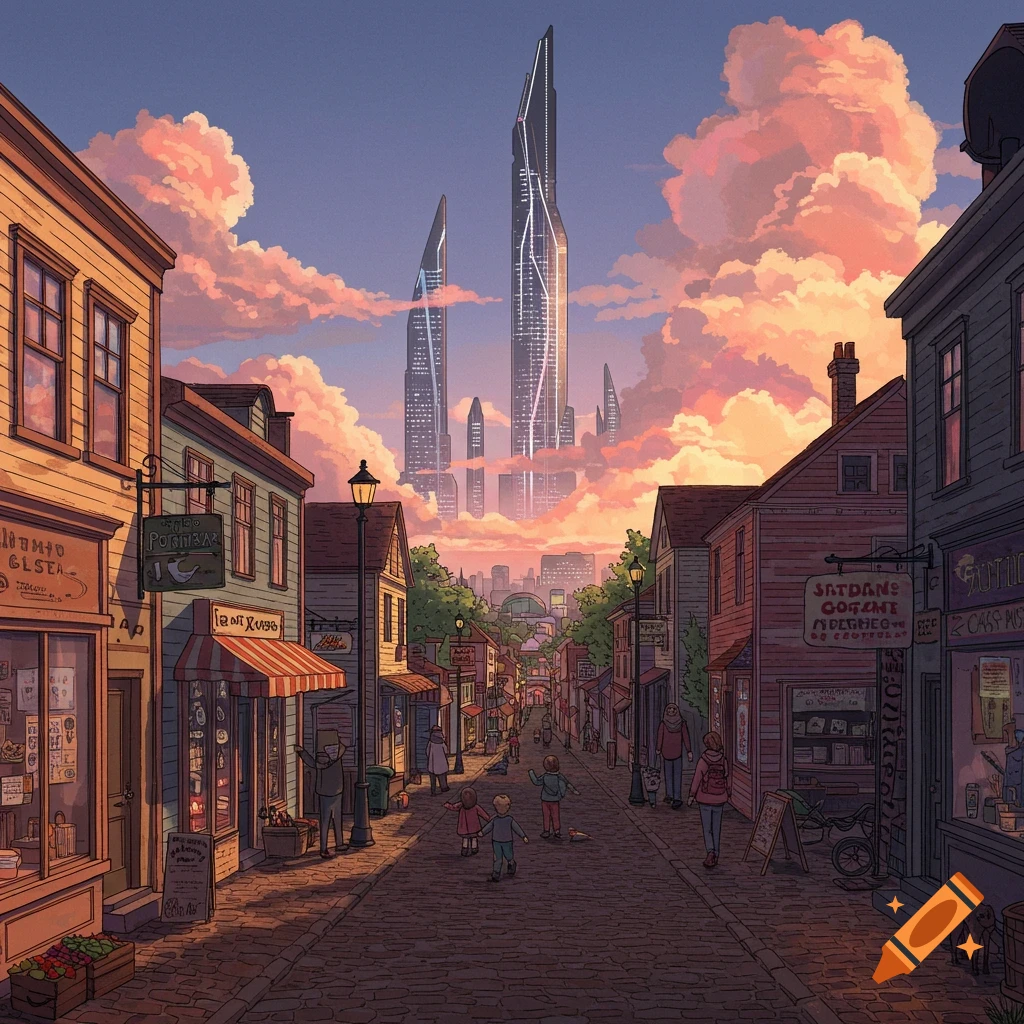 Stylized view of a charming old town street with people, looking towards futuristic skyscrapers against a pastel pink and blue sky.