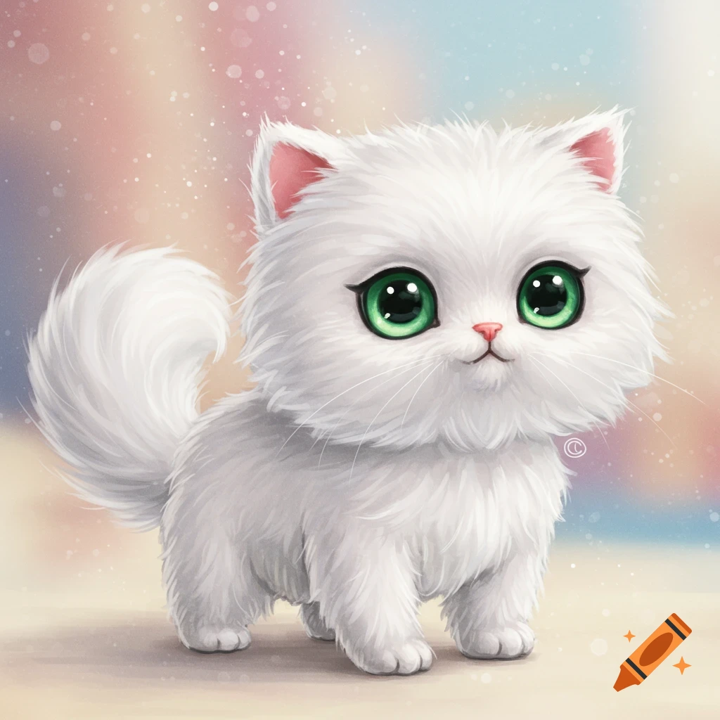 A fluffy white Persian kitten with big green eyes looks forward against a pastel background.