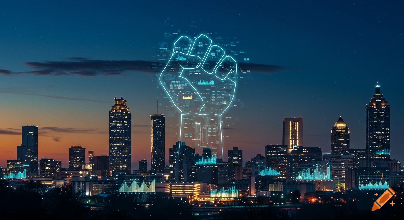 A futuristic Atlanta skyline at dusk with a large, glowing blue fist symbol filled with data visualizations overlaid on the city.