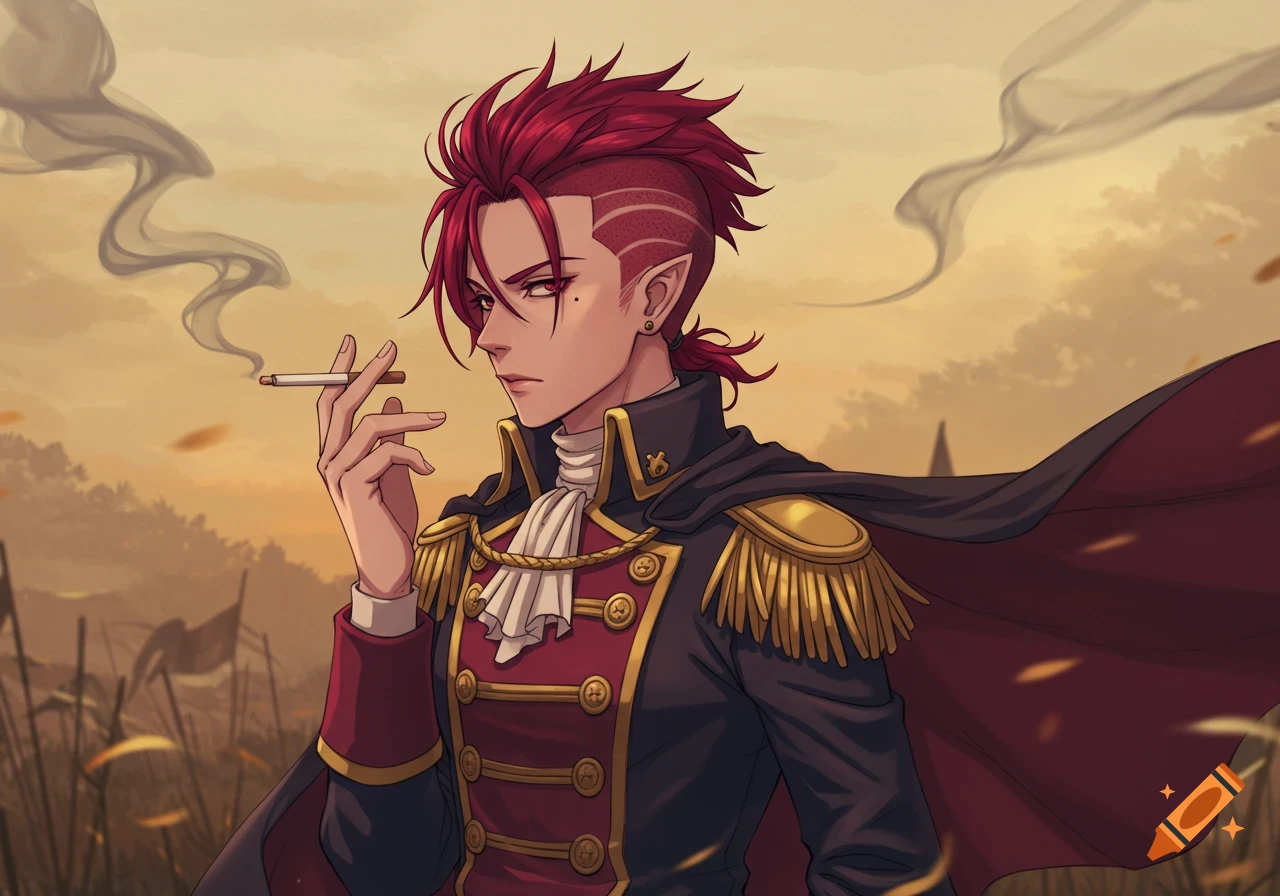 Anime character with red spiky hair and pointed ears in a 17th-century military uniform, smoking a cigarette outdoors.