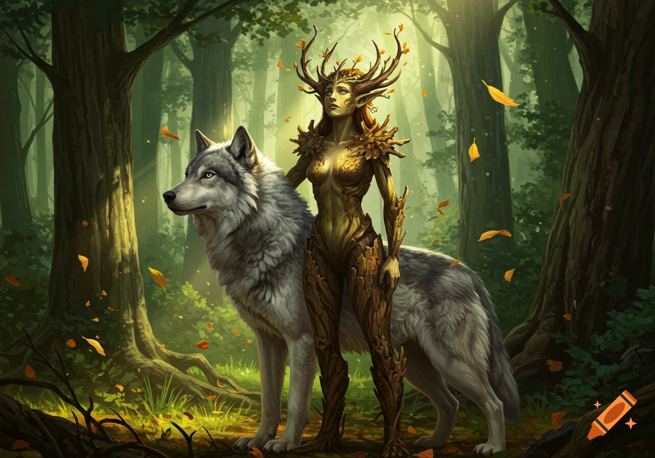 A mythical dryad with tree bark skin and antlers stands in a sunlit forest next to a grey wolf.