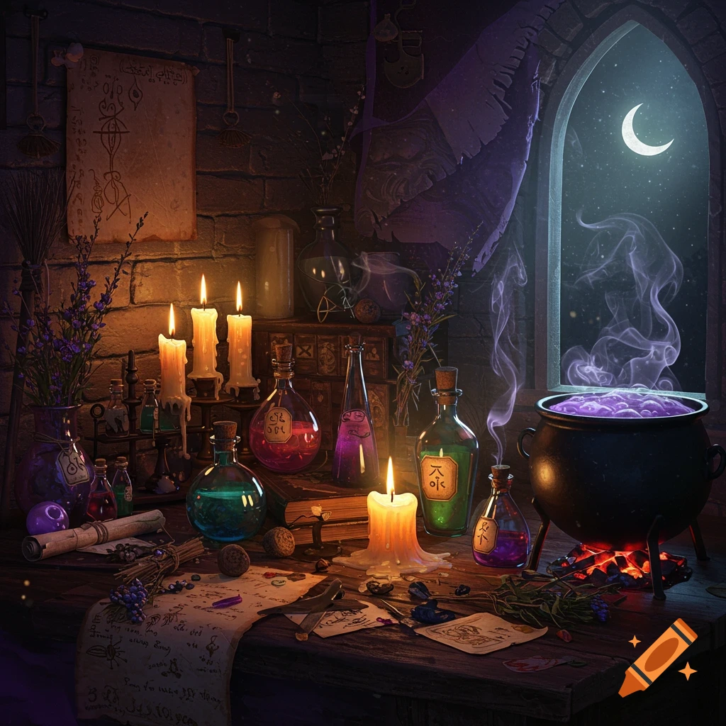 Candlelit witch's apothecary table with bubbling cauldron, various potions, scrolls, and a crescent moon visible through a window.