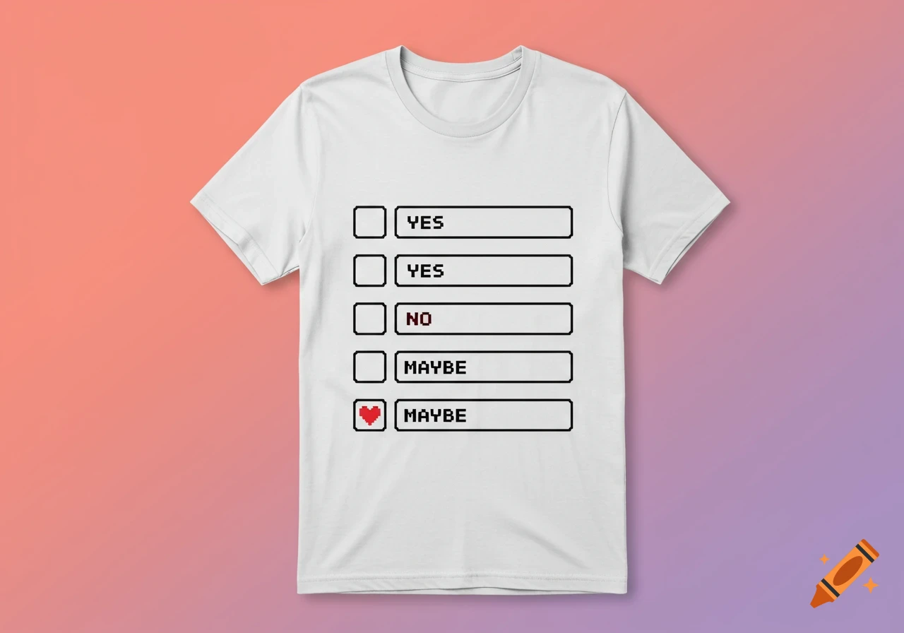 A white t-shirt featuring pixel art checkboxes and text that reads 'YES', 'NO', 'MAYBE' on a gradient background.