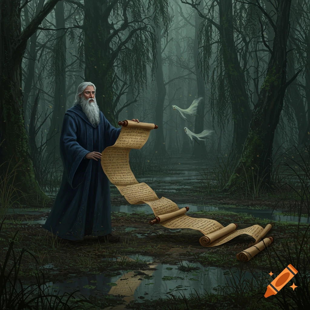 A gray-bearded wizard in a blue robe holds and drops a long scroll in a dark, misty swamp with two white ghosts floating nearby, in a fantasy realism style.