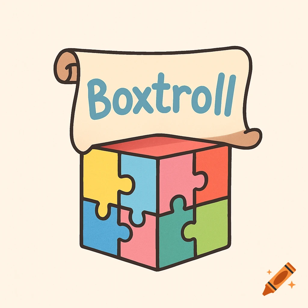 A logo featuring a colorful puzzle cube with a scroll on top reading "Boxtroll" in blue text. Stylized cartoon illustration.