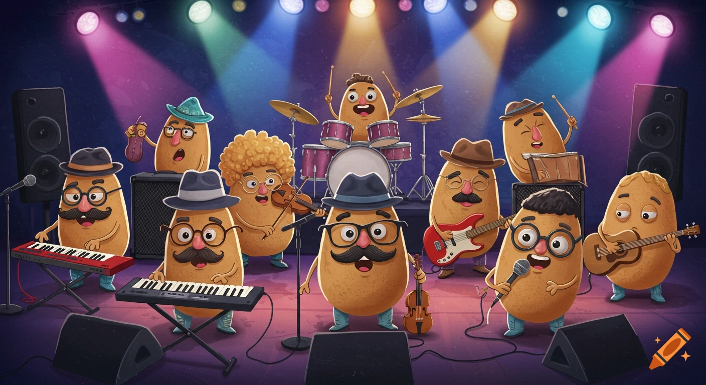 A whimsical cartoon band of eight anthropomorphic potato characters performs on a brightly lit concert stage with musical instruments.