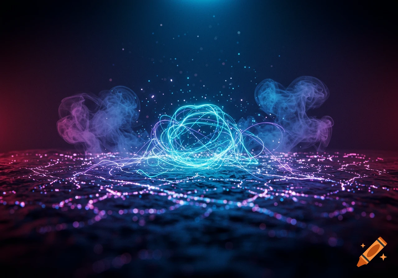 Abstract image of a glowing blue energy sphere with swirling lines and particles, surrounded by colorful smoke on a dark, reflective surface.