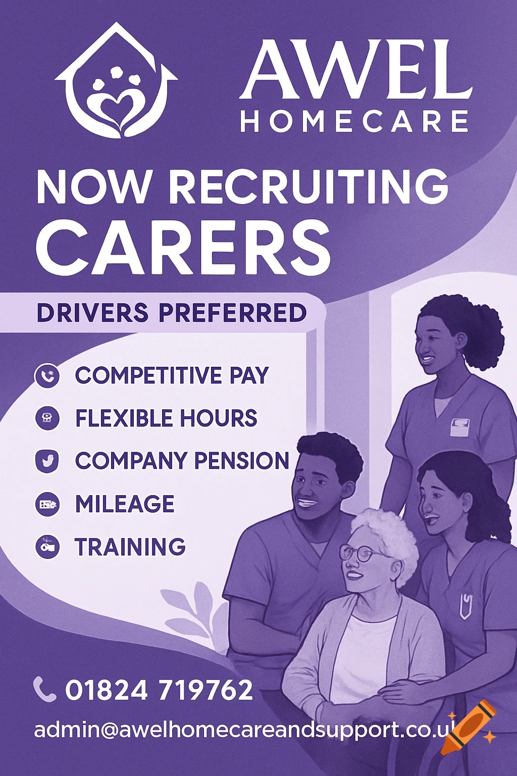 A purple recruitment poster for Awel Homecare, featuring diverse carers and an elderly person, with job details, contact info, and the company logo.