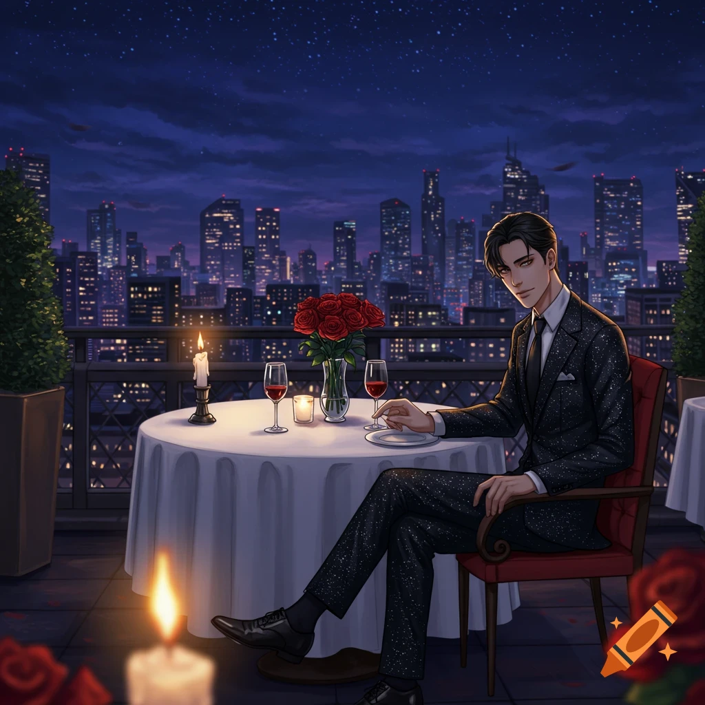 An elegant man in a sparkling suit sits at a candlelit table with roses and wine on a rooftop, overlooking a city skyline at night.