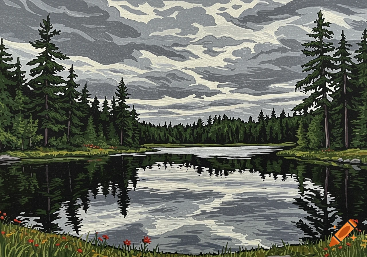 A colorful linocut print of a serene forest lake reflecting cloudy skies, surrounded by tall pine trees and wildflowers.
