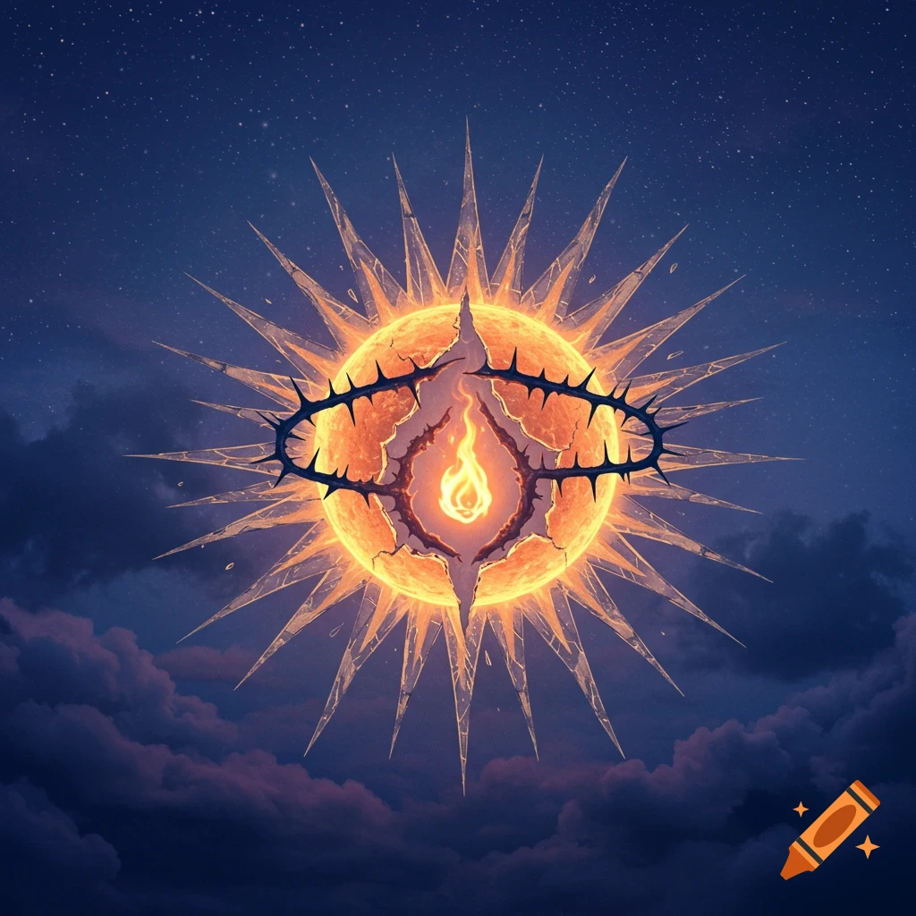 A glowing, spiky, broken sun crowned in dark thorns with a tear-shaped flame at its center, against a starry night sky with clouds.