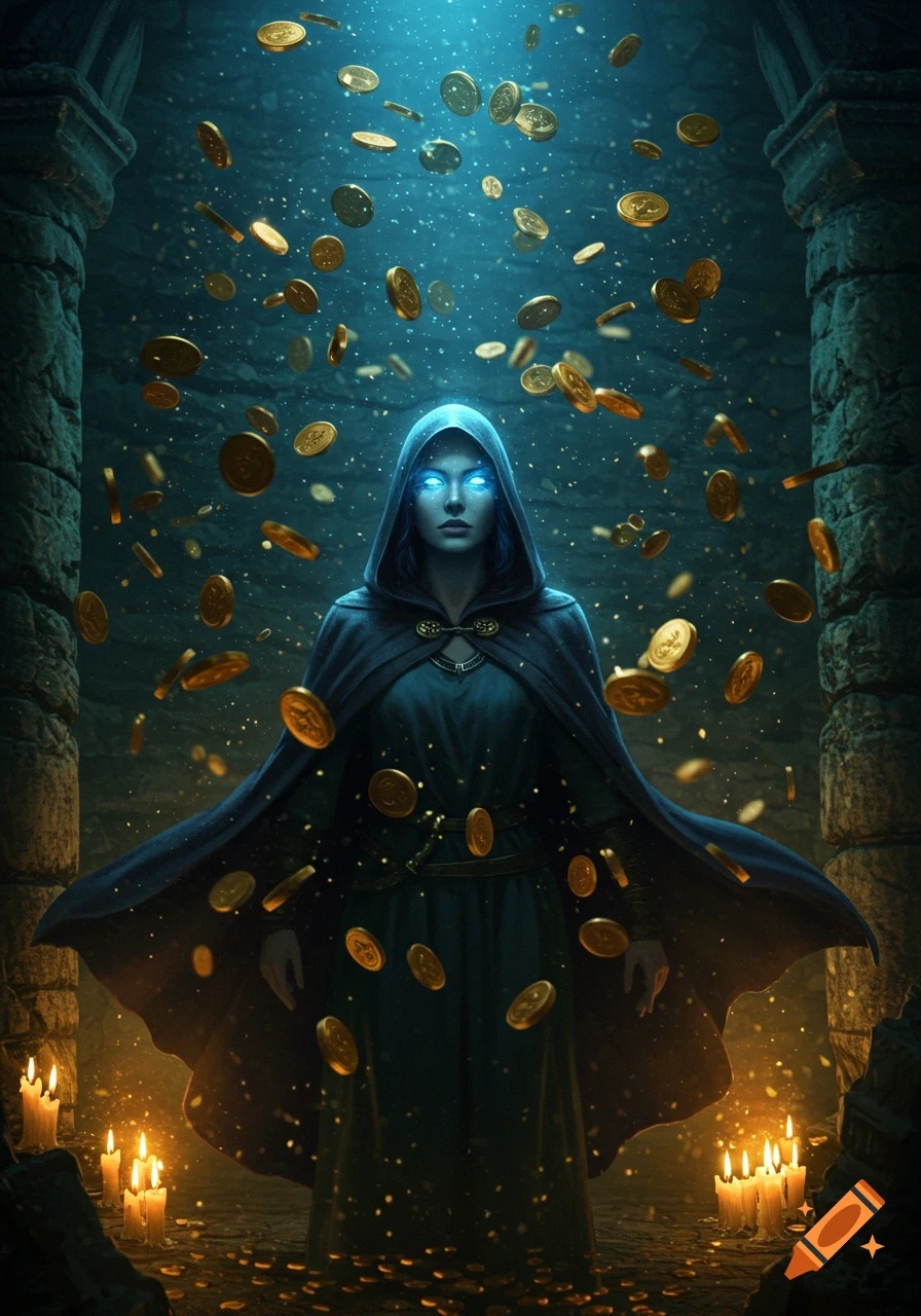 A hooded woman with glowing blue eyes stands in a dark stone room as golden coins fall around her and candles glow at her feet.