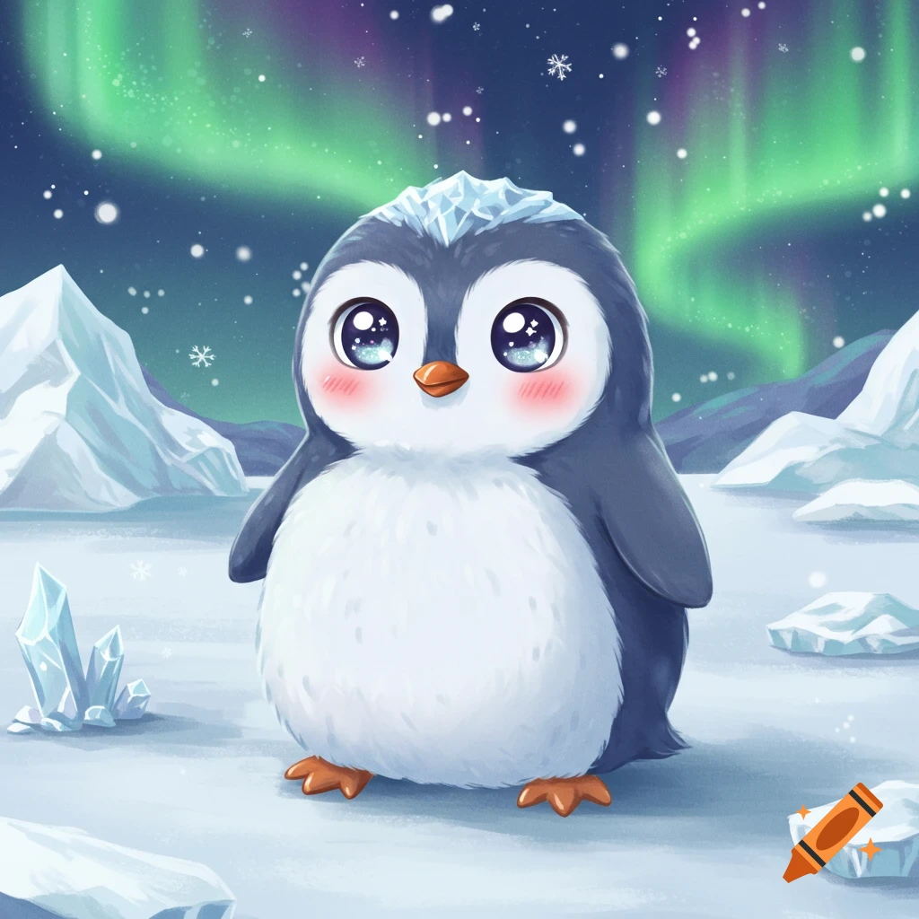 A cute cartoon penguin with large sparkly eyes and rosy cheeks stands on ice under a starry sky with aurora borealis.