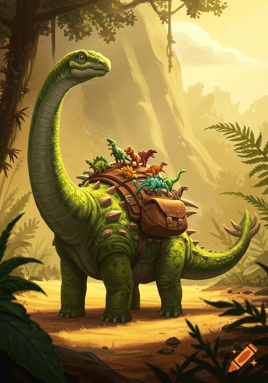 A large green brontosaurus-like dinosaur with a backpack carrying smaller, colorful dinosaurs stands in a warm, lush jungle.