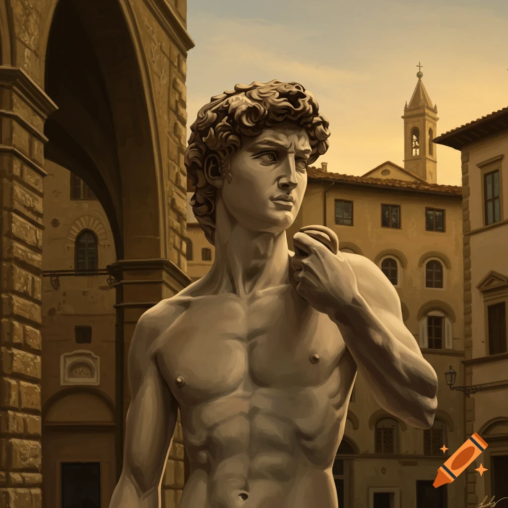 A statue of David with realistic skin and hair color stands in a classical European city square at sunset.