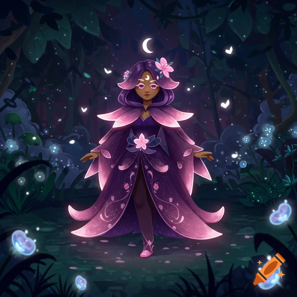 A stylized character with dark skin and purple hair, wearing a purple and pink flower-petal cloak, stands in a glowing dark forest under a crescent moon.