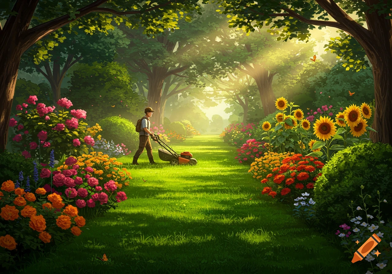 A person mows a bright green lawn in a lush, colorful garden filled with blooming flowers like roses and sunflowers, under sunlit trees.
