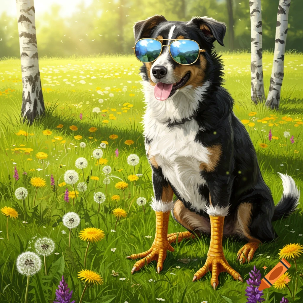 A black and white dog wearing sunglasses sits in a sunny field of dandelions and green grass, with chicken feet.