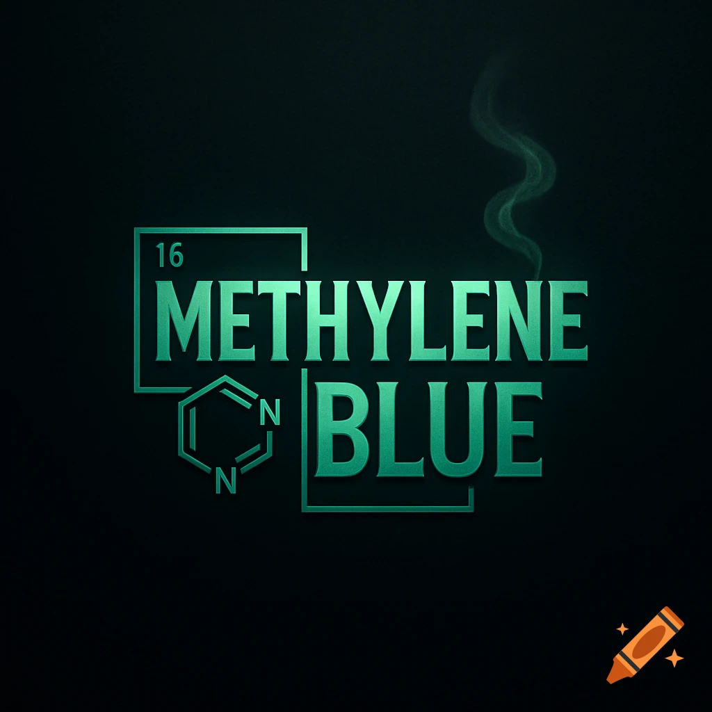 A stylized green logo on a dark background, featuring the words METHYLENE BLUE with chemical symbols and a periodic table element number '16'.