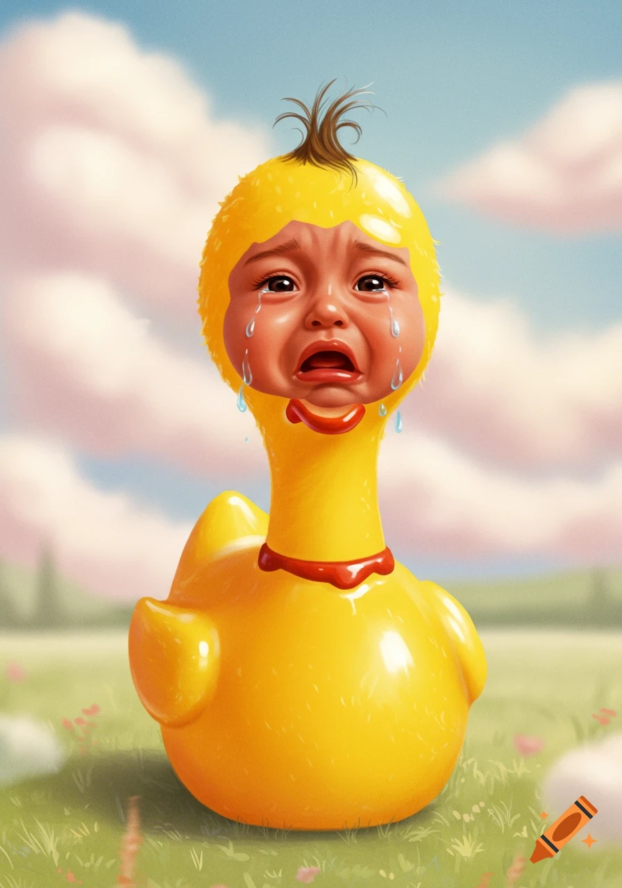 A crying baby's head on a yellow rubber chicken body stands in a grassy field under a cloudy sky.