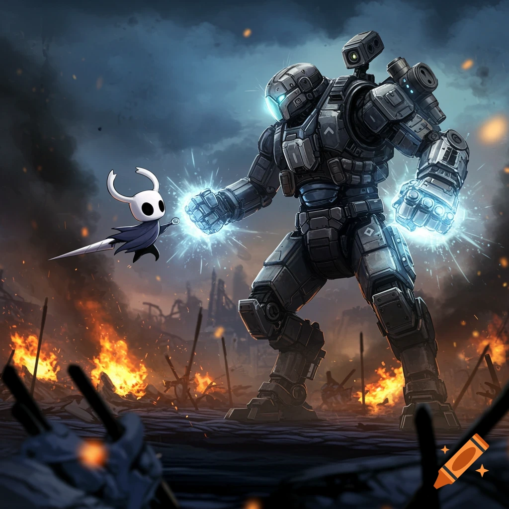 The Knight from Hollow Knight faces off against a Titanfall mech with glowing blue energy in a fiery, destroyed landscape. Digital art.