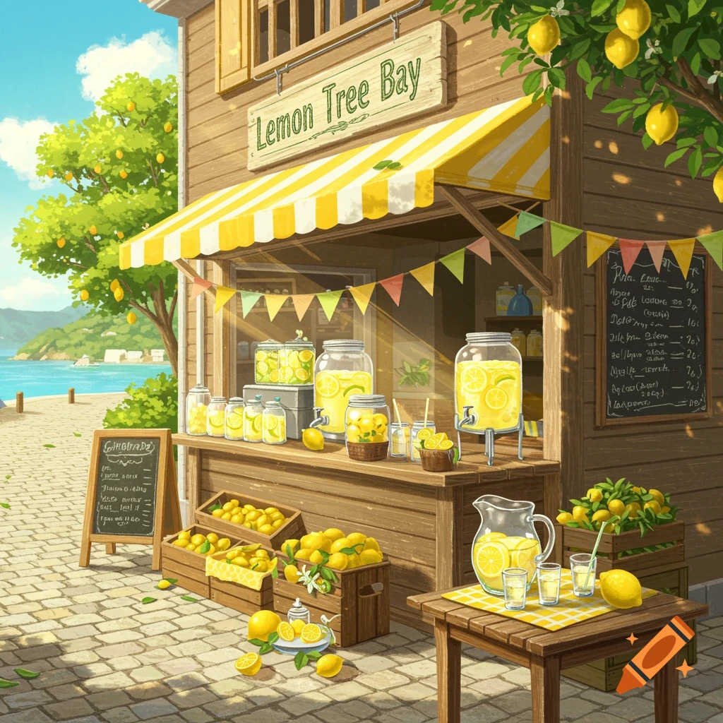 An illustrated lemonade stand, 'Lemon Tree Bay', by a bay, with crates of lemons, jars of lemonade, and a menu board.