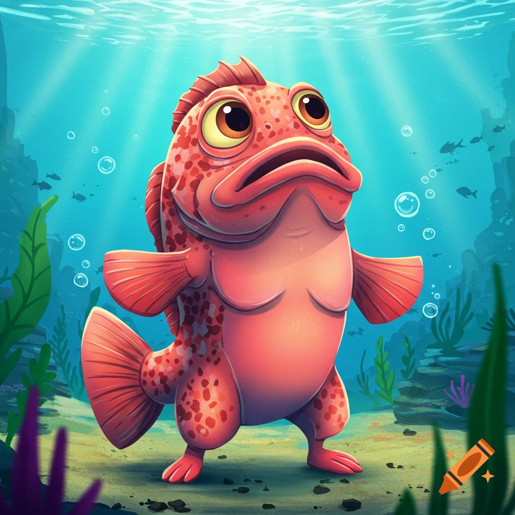A cute, red cartoon rockfish with large eyes stands on the sandy ocean floor in a vibrant underwater scene.
