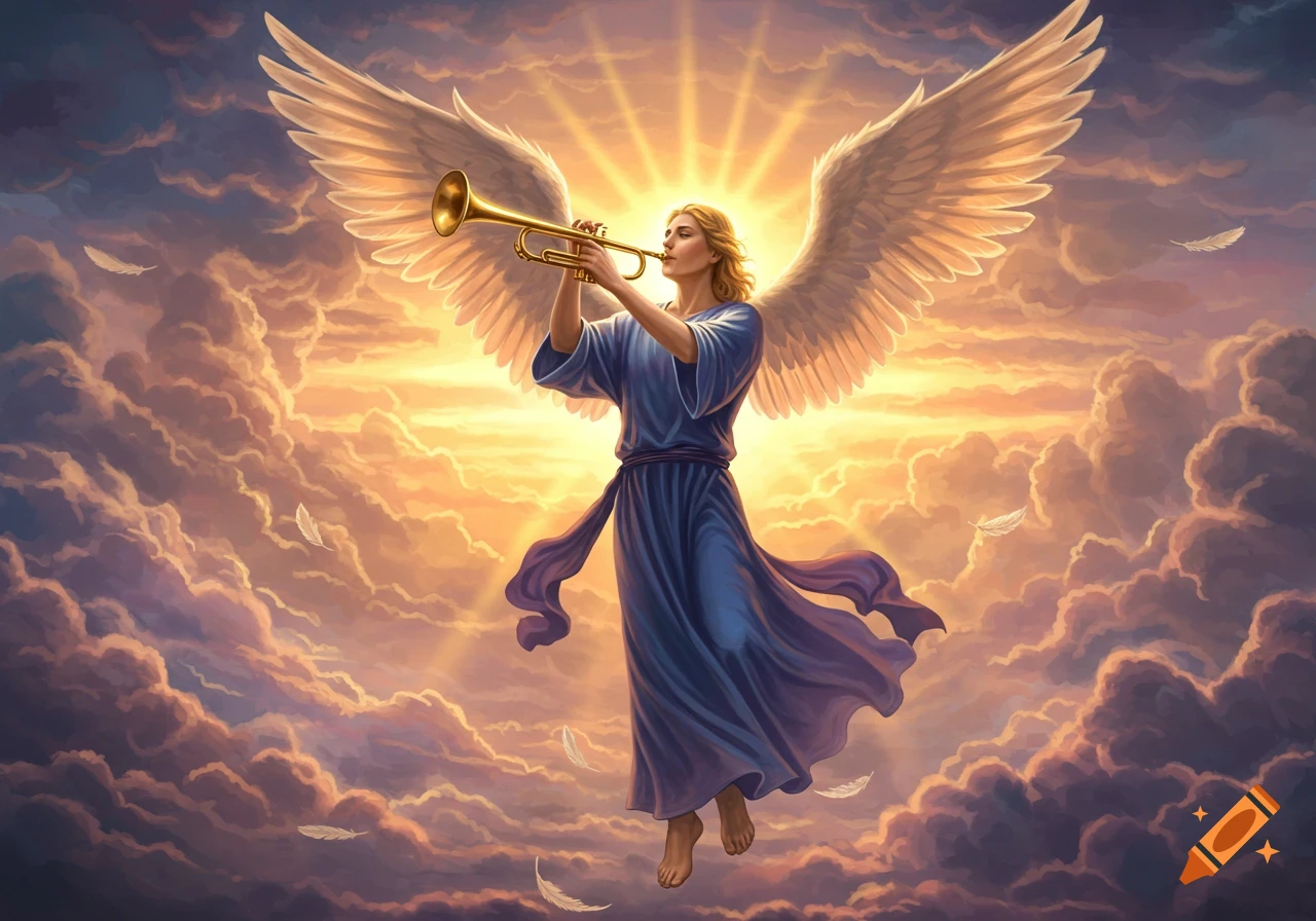 An angelic figure with large white wings plays a golden trumpet while floating among clouds in a bright, glowing sky.