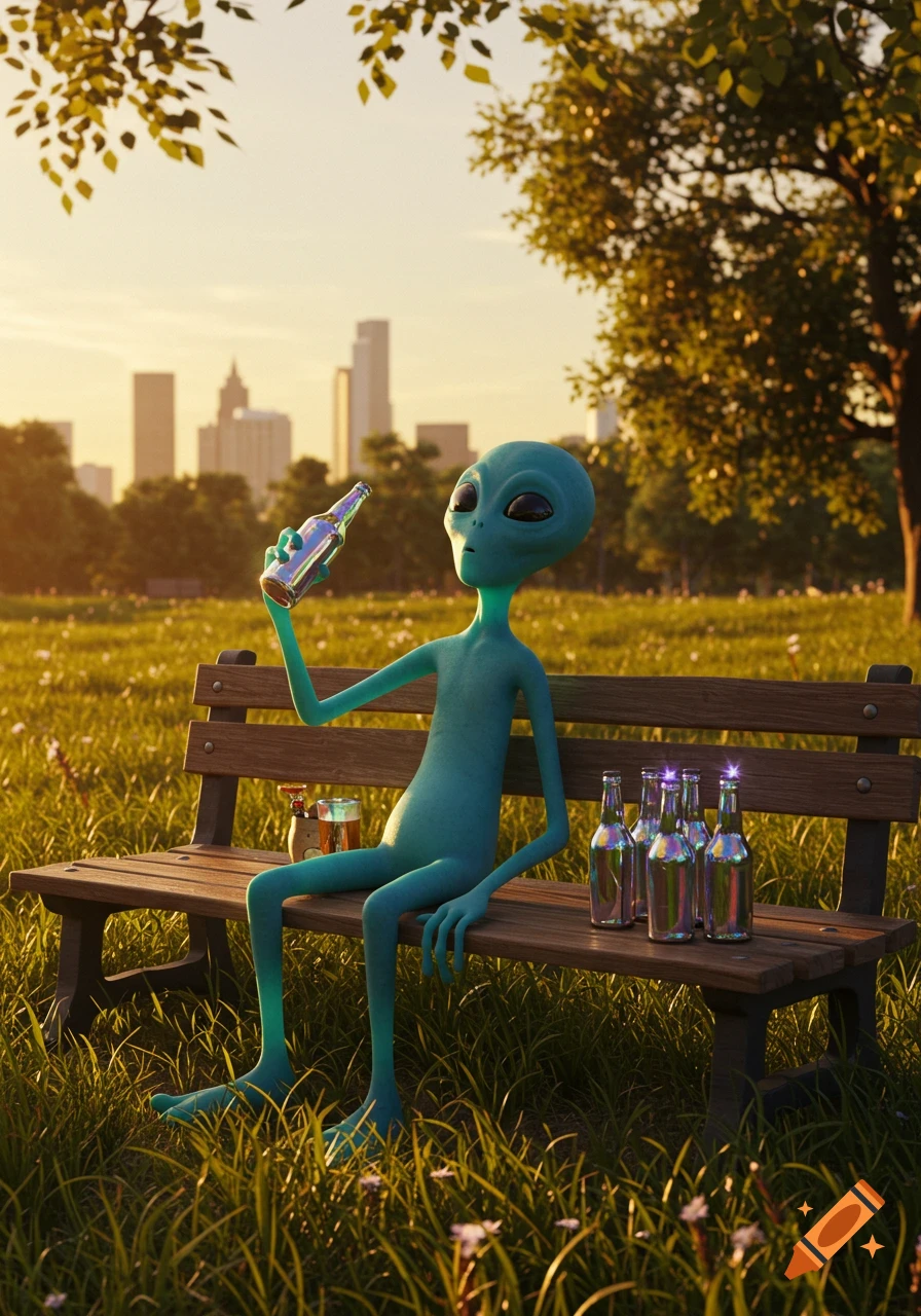 A teal-skinned alien sits on a wooden park bench, holding a metallic bottle to its mouth, with more bottles on the bench next to it. City buildings are visible in the background under a sunset sky.