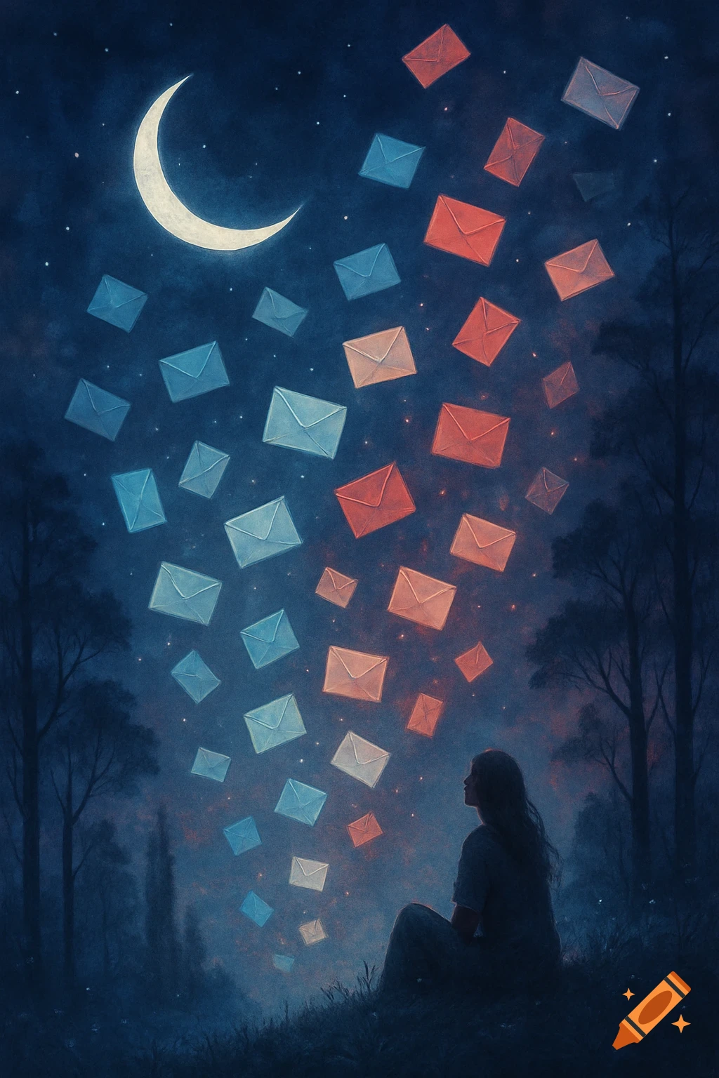 A person sits in a dark forest under a crescent moon, as glowing red and blue letters float upwards into the night sky.
