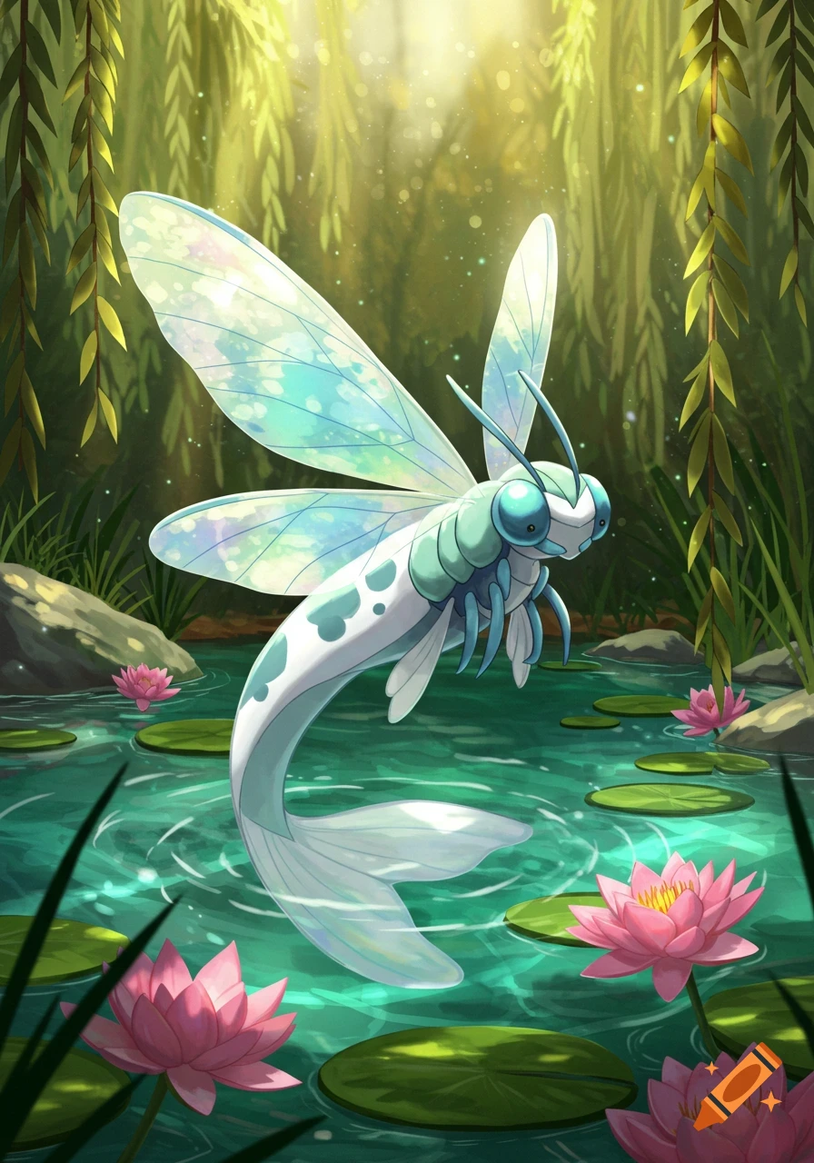 An illustrative blue and white dragonfly-fish creature with large wings hovers over a pond with pink water lilies.