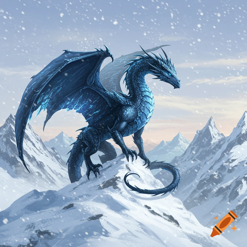 A majestic blue and black dragon with glowing eyes stands atop a snow-covered mountain peak, with snow falling around it.