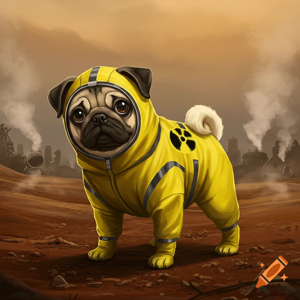 A cute pug in a yellow radiation suit stands on a reddish, desolate landscape with smoky ruins in the background, in a digital art style.