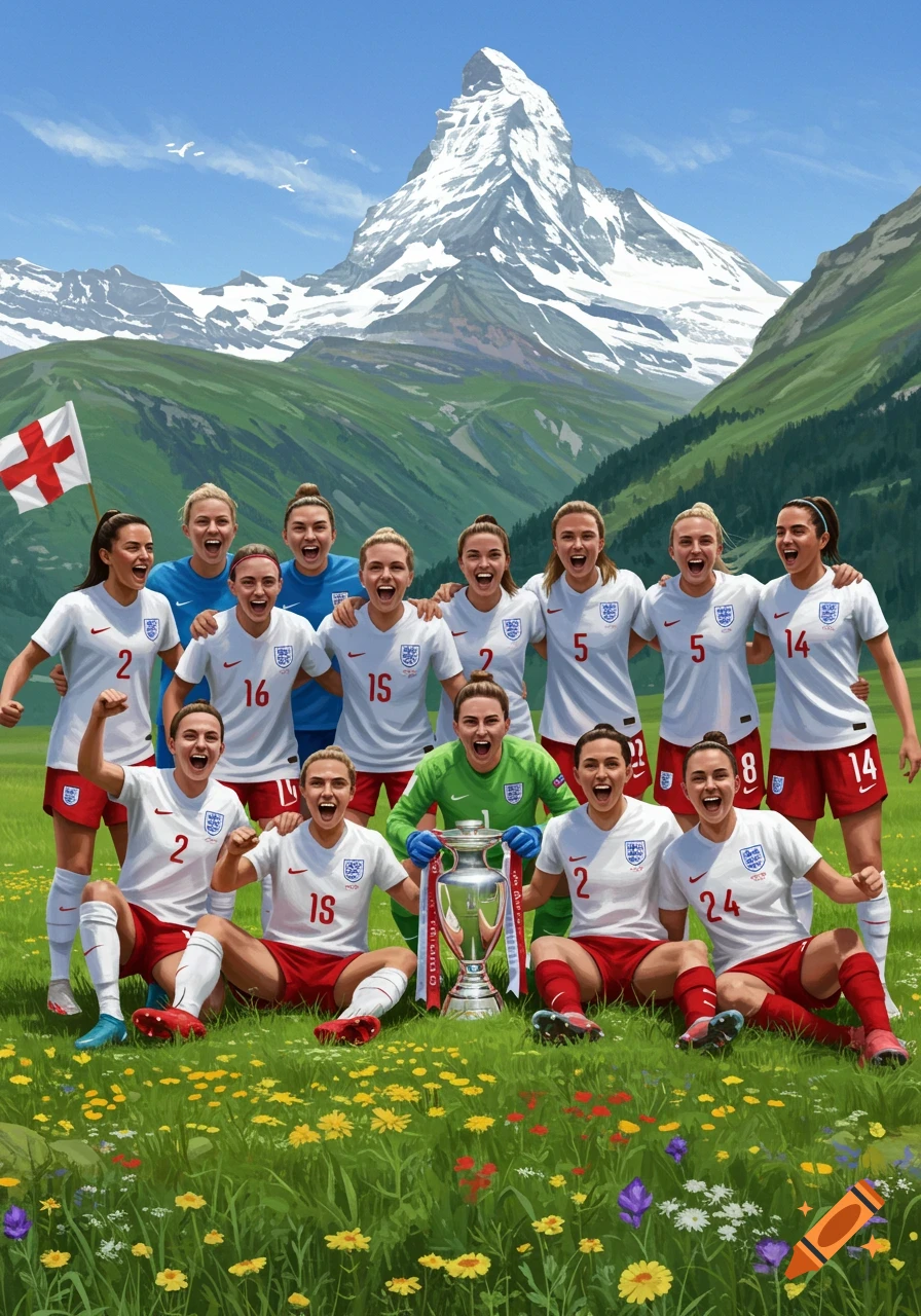 England Lionesses soccer team celebrating with a trophy in a mountain valley, with the Matterhorn and an English flag in the background.