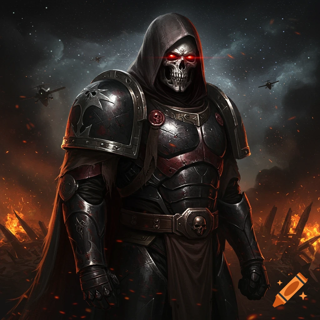 A hooded figure in dark red and black power armor with a skull mask and glowing red eyes stands amidst fire and debris.