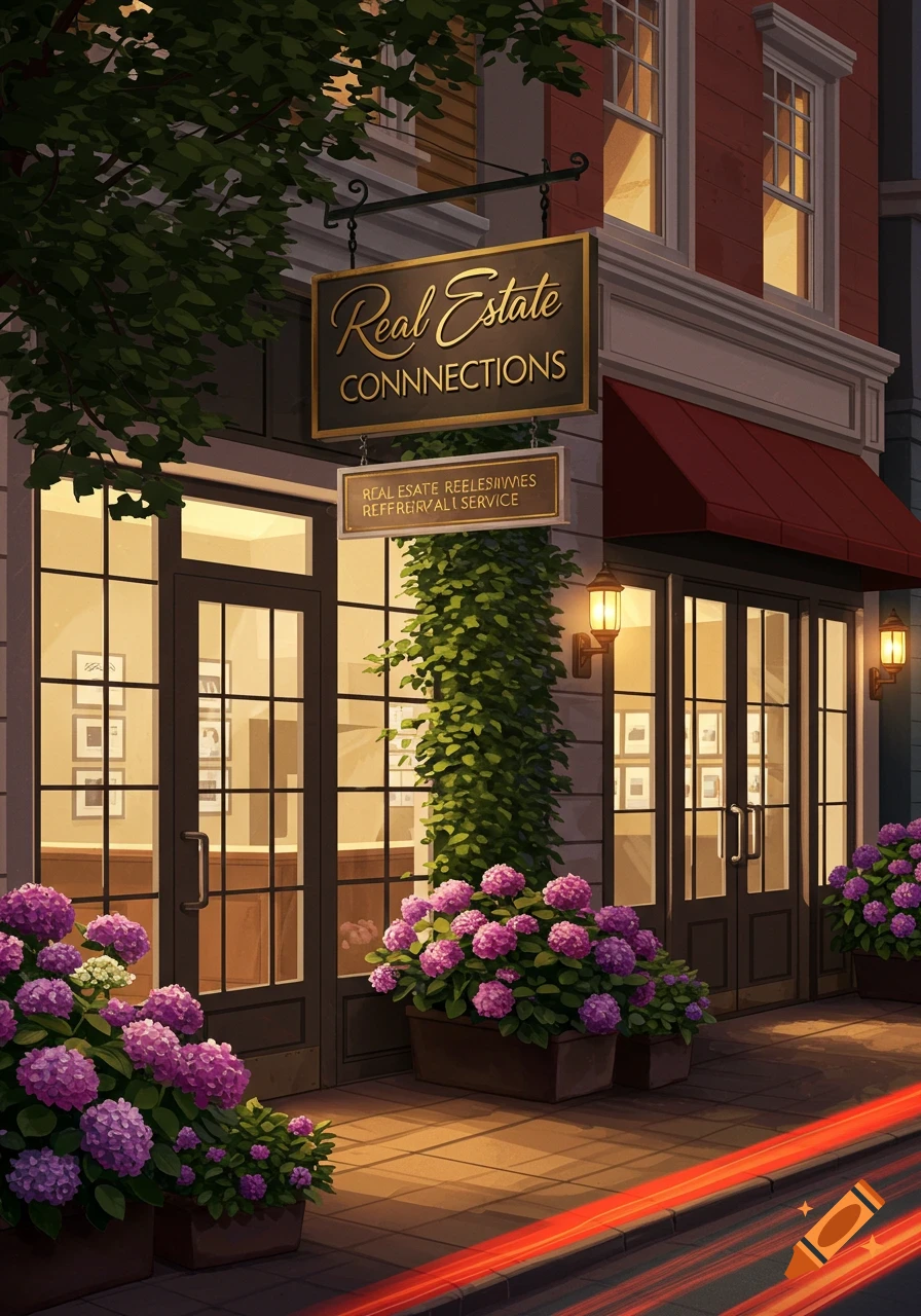 An illustrated storefront of a 'Real Estate Connections' office at dusk, with purple hydrangeas and light trails on the street.