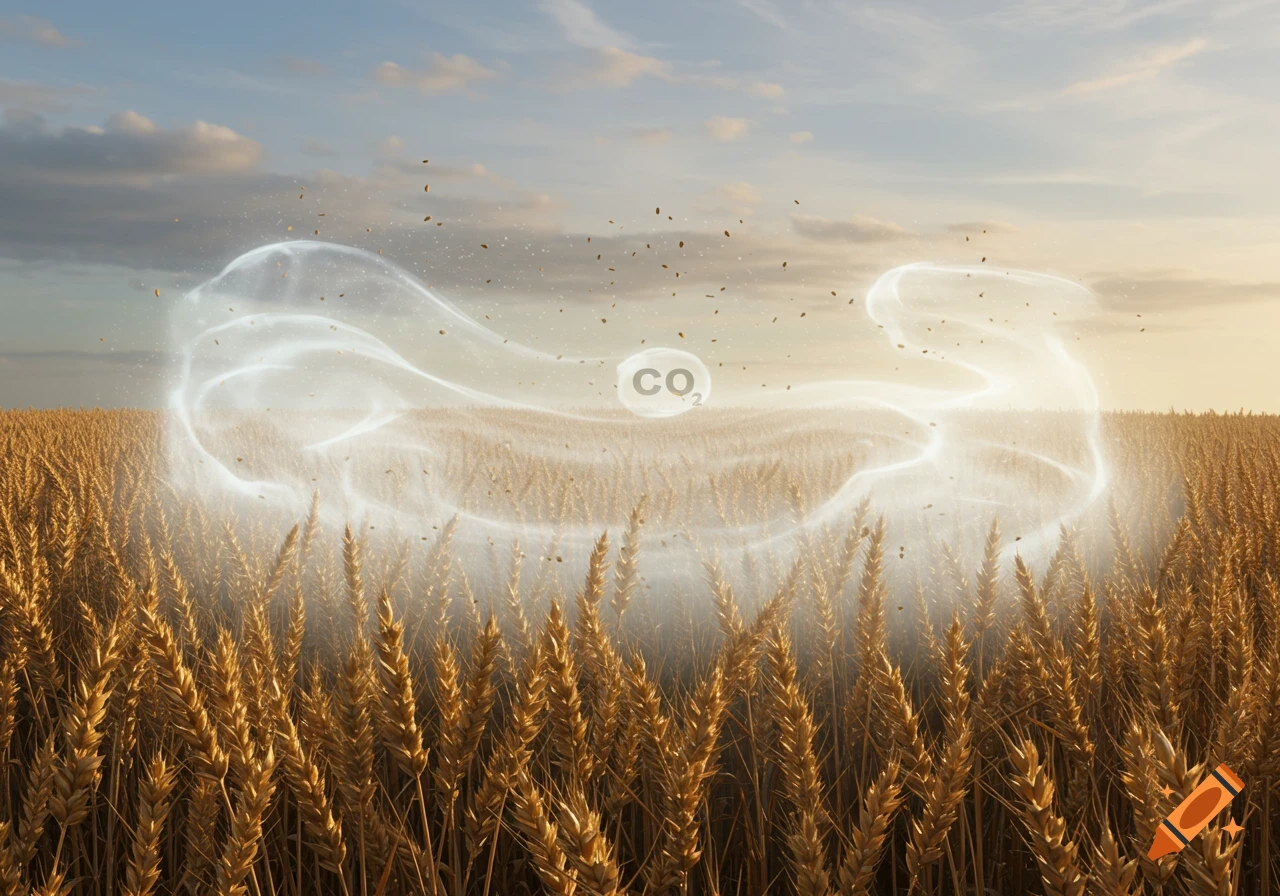 Photorealistic image of CO2 gas swirling above a golden wheat field at sunset.
