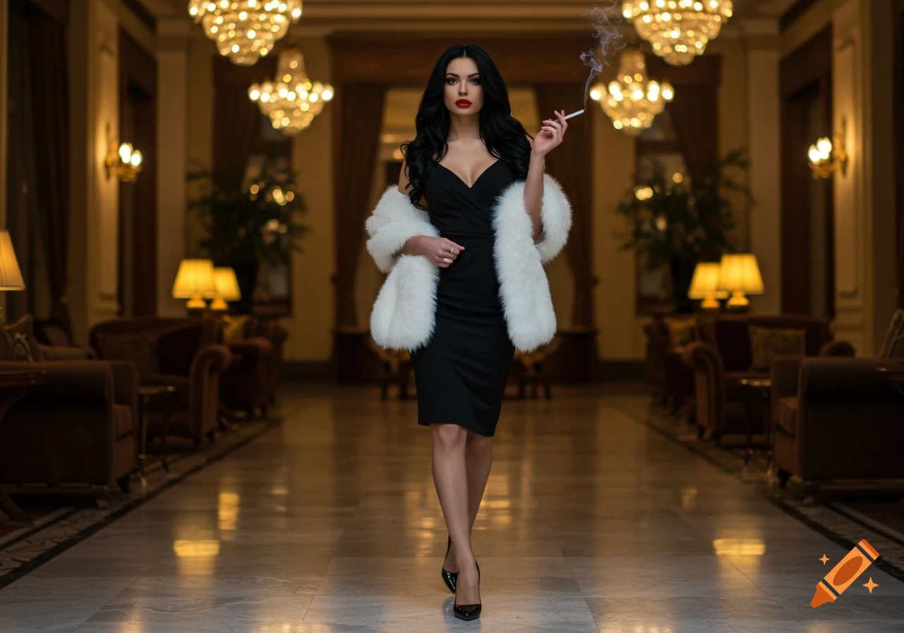 A woman in a black dress and white fur scarf walks through a fancy hotel, holding a lit cigarette.