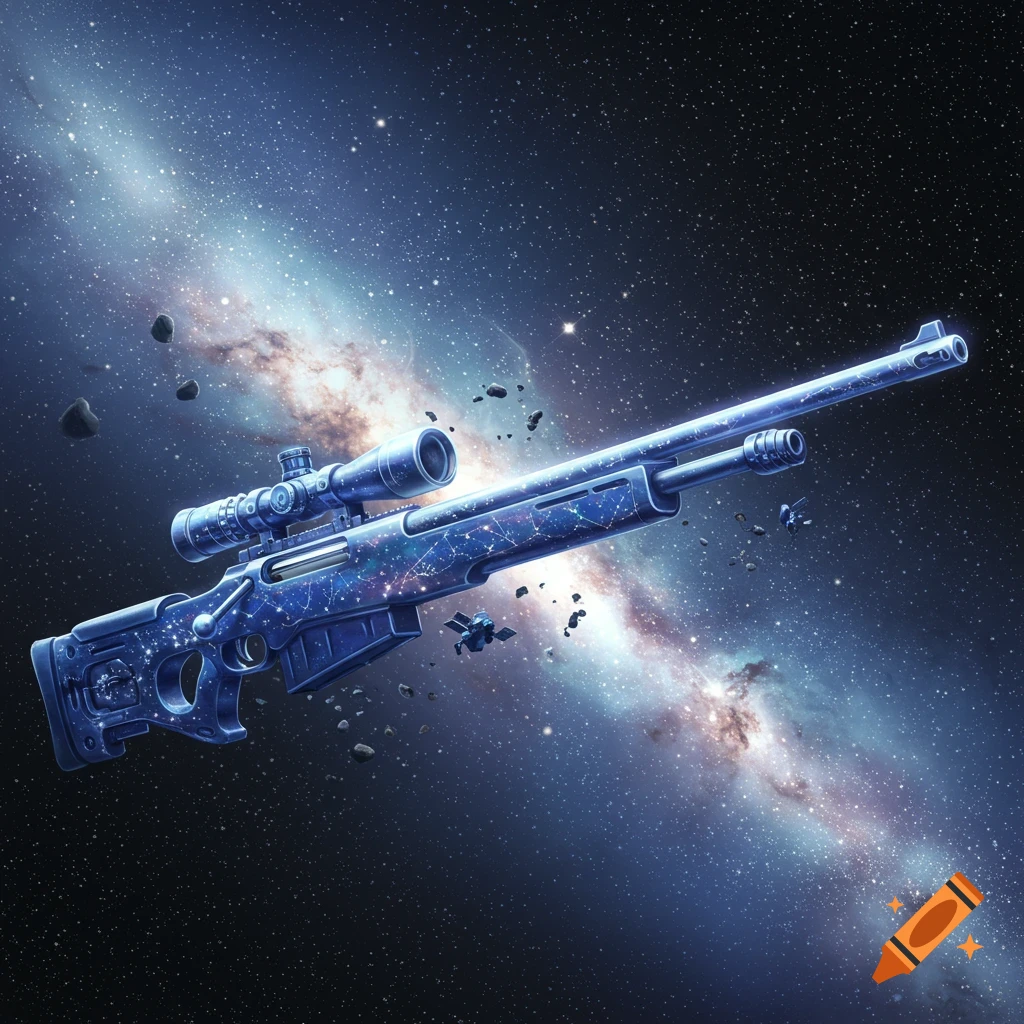 An intricately detailed sniper rifle with a celestial pattern floats in outer space against a vibrant galaxy background.