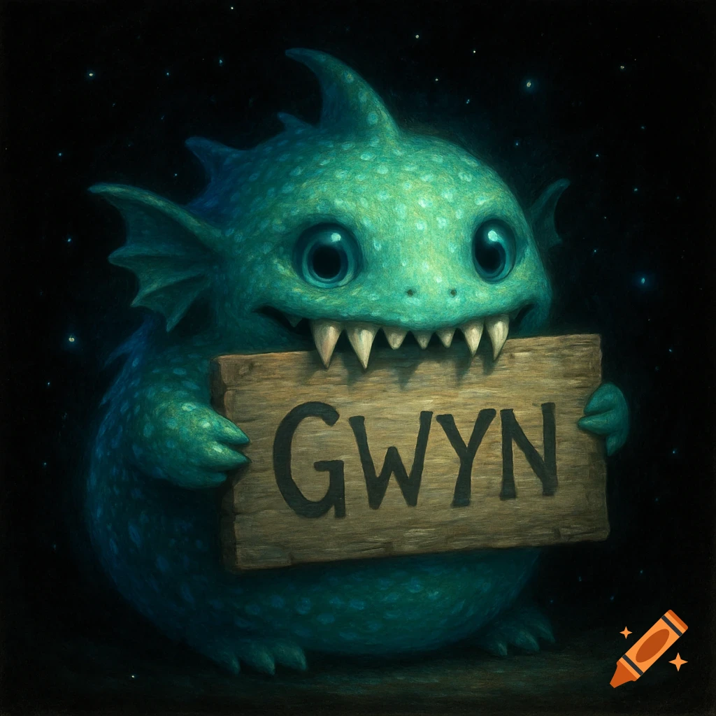 A cute teal monster with big eyes and sharp teeth holds a wooden sign that says 'GWYN' against a dark background with small glowing lights.