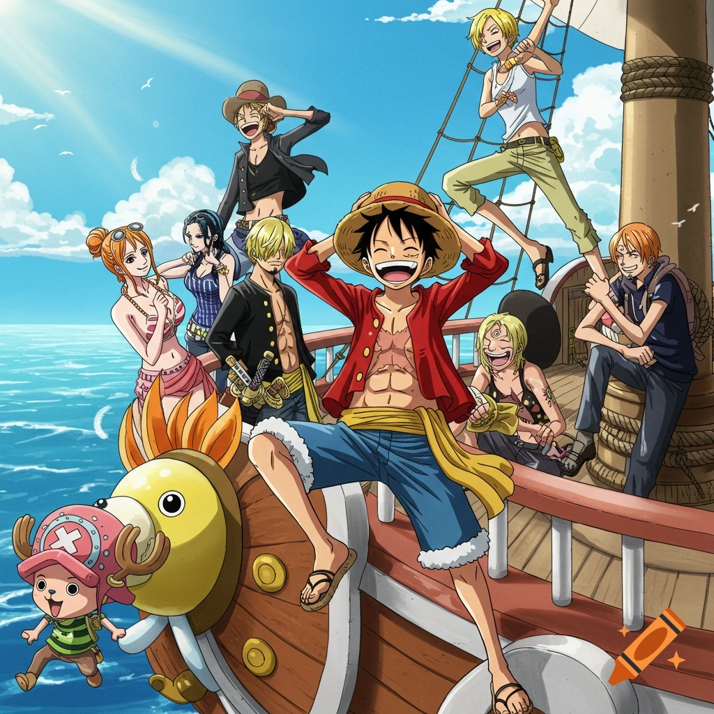Anime-style illustration of the Straw Hat Pirates, including Luffy, Nami, and Sanji, on their ship, the Thousand Sunny.