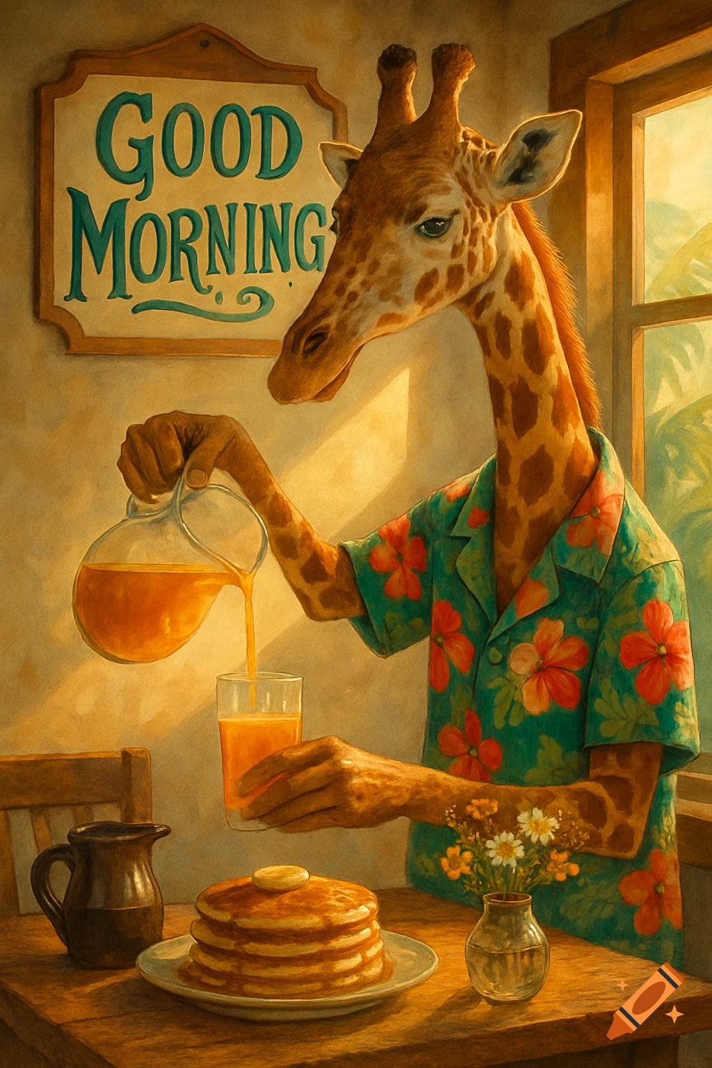 A giraffe in a Hawaiian shirt pours orange juice at a breakfast table with pancakes and a 'Good Morning' sign.