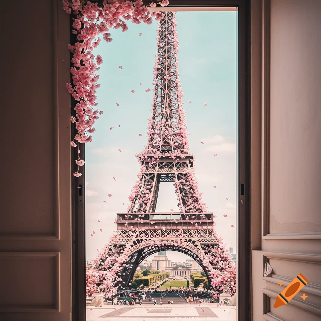 A romantic view of the Eiffel Tower adorned with pink cherry blossoms, seen through an open doorway with petals falling.
