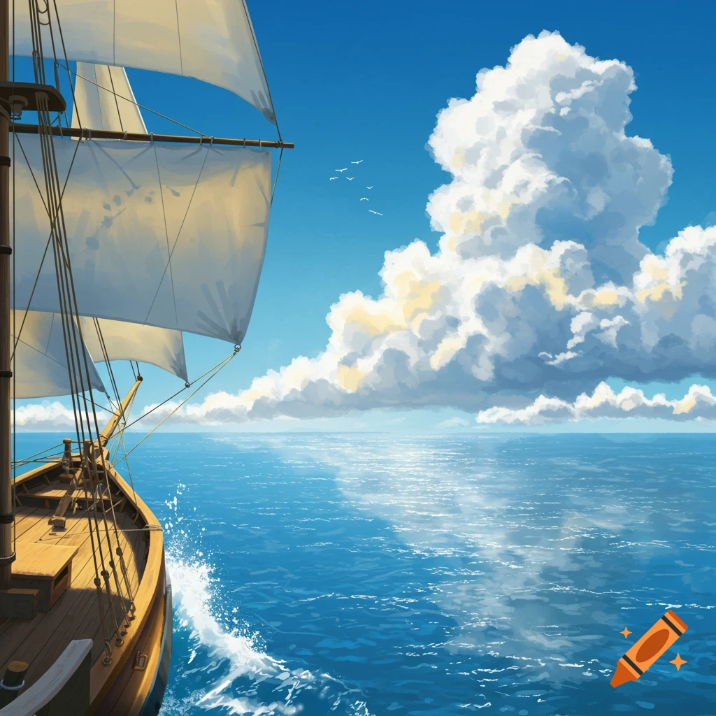 A sailboat with white sails glides across a calm blue sea under a bright sky with large white clouds.